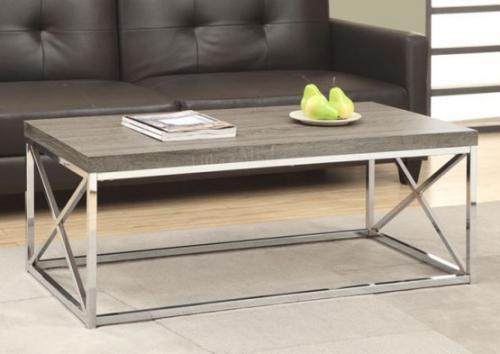 Monarch I 3258 COFFEE TABLE - DARK TAUPE WITH CHROME METAL; With a dark taupe reclaimed wood-look top and a stylish, thick paneled design, this cocktail table gives an exceptional look to any room; The modern rectangular shape and criss-cross chrome metal base provide sturdy support as well as a contemporary look; Use this multi-functional table to compliment your living space; PRODUCT DIMENSIONS: 44